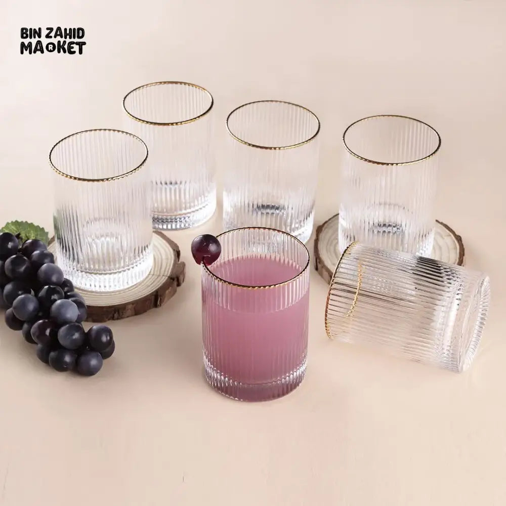 RIBBED GOLD RIM CRYSTAL GLASS SET – 250ML / 9OZ SET OF 6 PIECES ELEGANT DRINKWARE FOR HOME & DINING