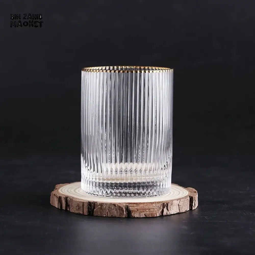 RIBBED GOLD RIM CRYSTAL GLASS SET – 250ML / 9OZ SET OF 6 PIECES ELEGANT DRINKWARE FOR HOME & DINING