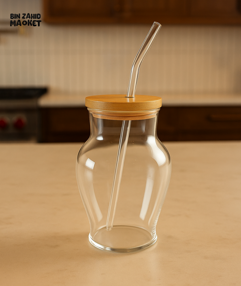RIBBED & PLAIN GLASS TUMBLER BAMBOO LID & STRAW 450ML PLAIN
