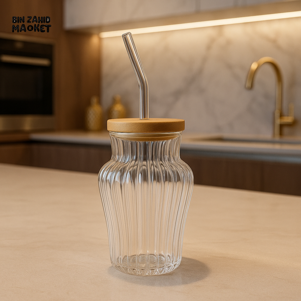 RIBBED & PLAIN GLASS TUMBLER BAMBOO LID & STRAW 450ML RIBBED