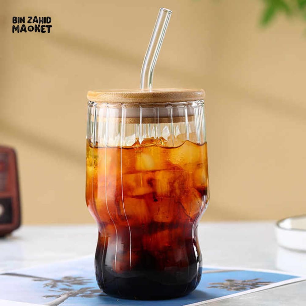 RIBBED & PLAIN TRANSPARENT DRINKING GLASS TUMBLER WITH BAMBOO LID & GLASS STRAW 400ML RIBBED