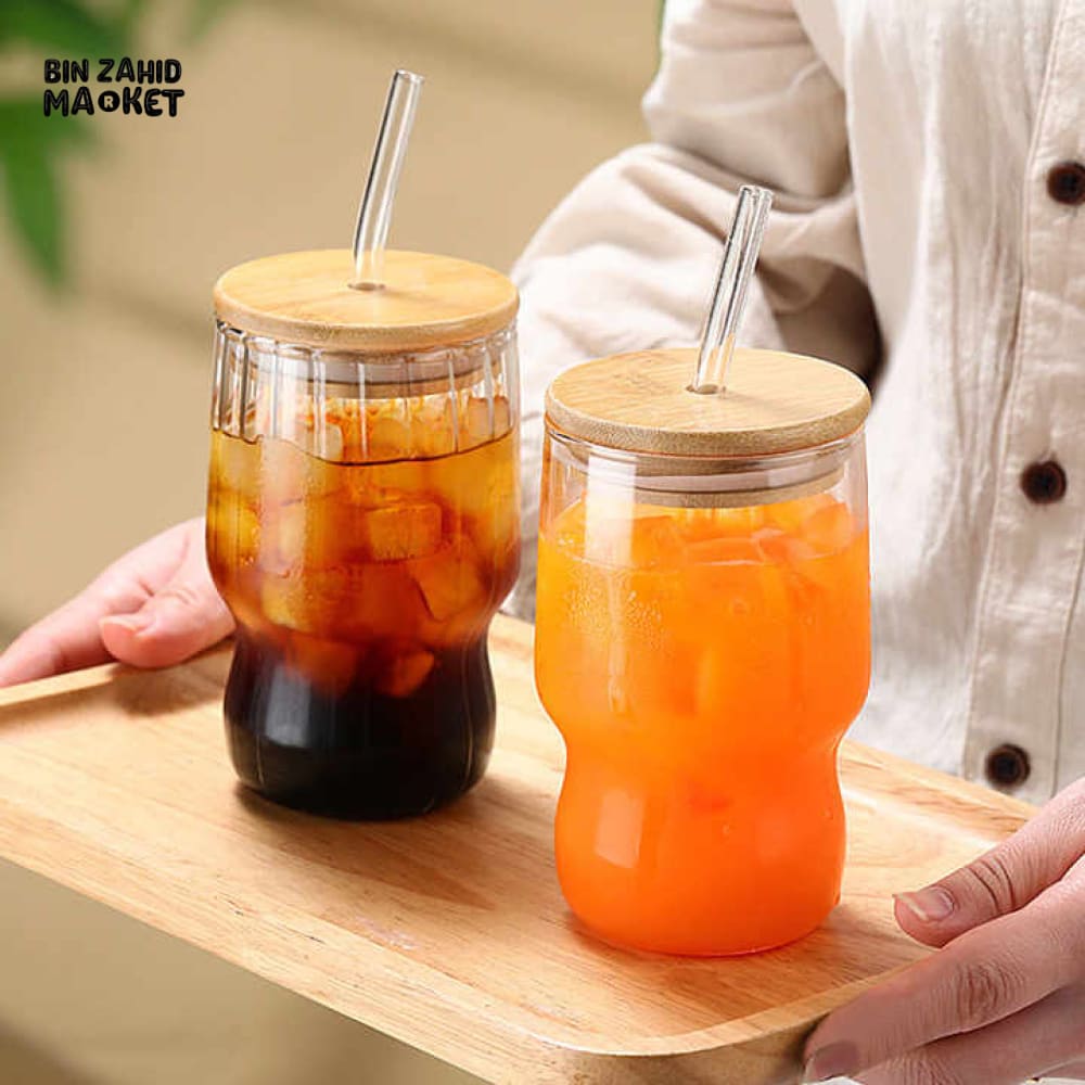 RIBBED & PLAIN TRANSPARENT DRINKING GLASS TUMBLER WITH BAMBOO LID & GLASS STRAW 400ML
