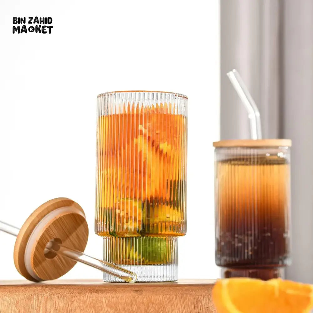 RIBBED TUMBLER WITH LID AND STRAW CLEAR TRANSPARENT DRINKING CUP STYLISH REUSABLE GLASS FOR JUICE COFFEE & TEA