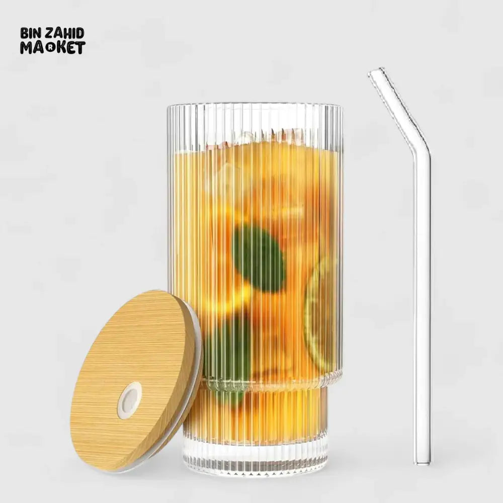 RIBBED TUMBLER WITH LID AND STRAW CLEAR TRANSPARENT DRINKING CUP STYLISH REUSABLE GLASS FOR JUICE COFFEE & TEA