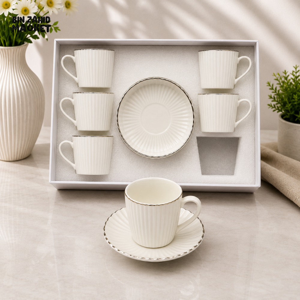 RIBBED WHITE PORCELAIN TEA CUP AND SAUCER SET WITH SILVER TRIM