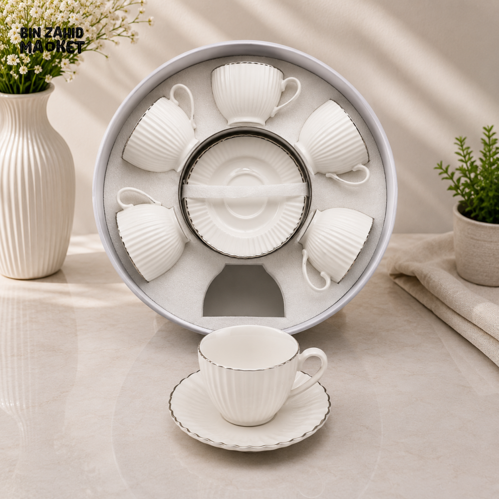 RIBBED WHITE PORCELAIN TEA CUP AND SAUCER SET WITH SILVER TRIM