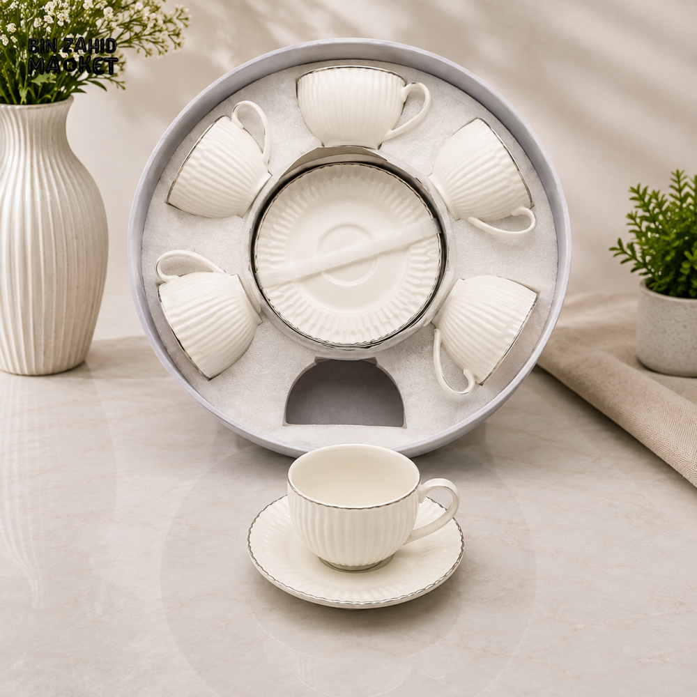 RIBBED WHITE PORCELAIN TEA CUP AND SAUCER SET WITH SILVER TRIM