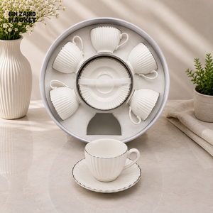 RIBBED WHITE PORCELAIN TEA CUP AND SAUCER SET WITH SILVER TRIM