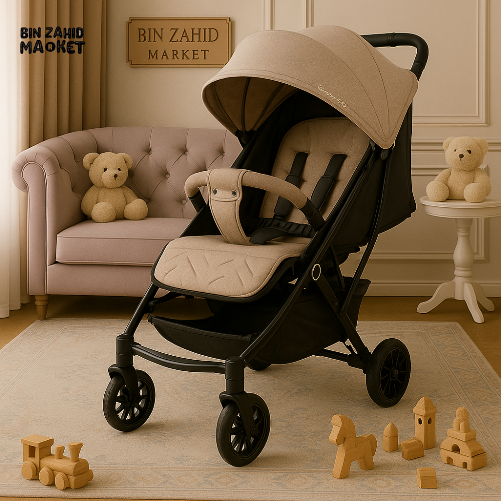 RINAS BABY STROLLER – BEIGE & BLACK CABIN SIZE TROLLEY PRAM WITH COMPACT FOLD AND TRAVEL HANDLE