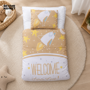 ROCKET SPACE PRINT COTTON POLYESTER BABY BEDDING SET WITH PILLOW - BEIGE