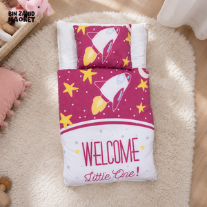 ROCKET SPACE PRINT COTTON POLYESTER BABY BEDDING SET WITH PILLOW - PINK