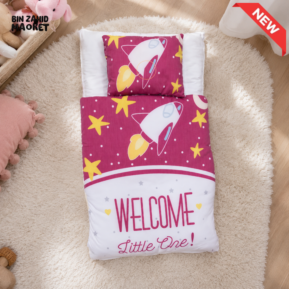 ROCKET SPACE PRINT COTTON POLYESTER BABY BEDDING SET WITH PILLOW - PINK