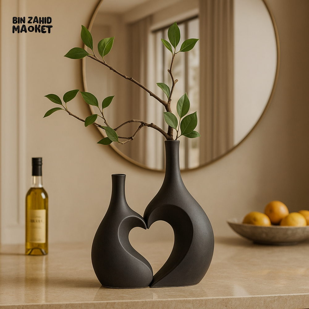 ROMANTIC HEART SHAPED CERAMIC VASE SET - LUXURY BLACK DECOR COUPLE FIGURINE