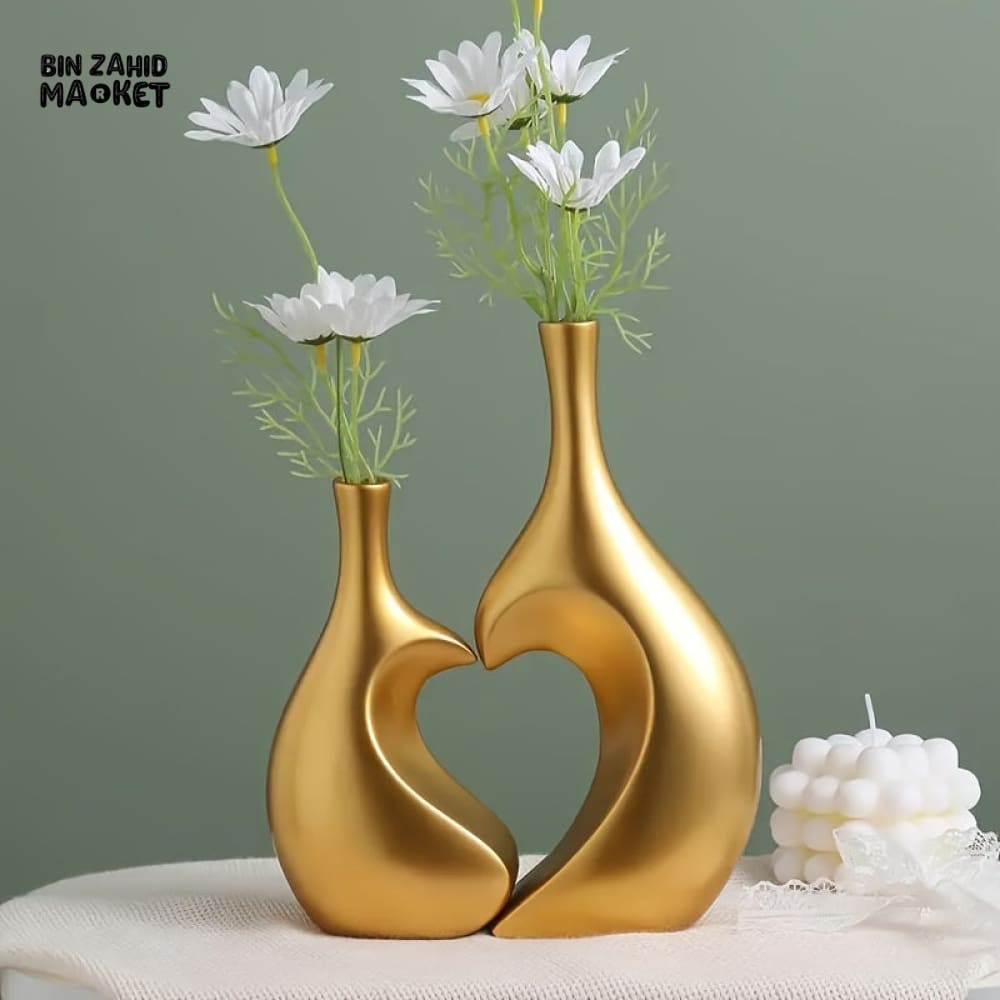 ROMANTIC HEART SHAPED CERAMIC VASE SET - LUXURY GOLDEN DECOR COUPLE FIGURINE