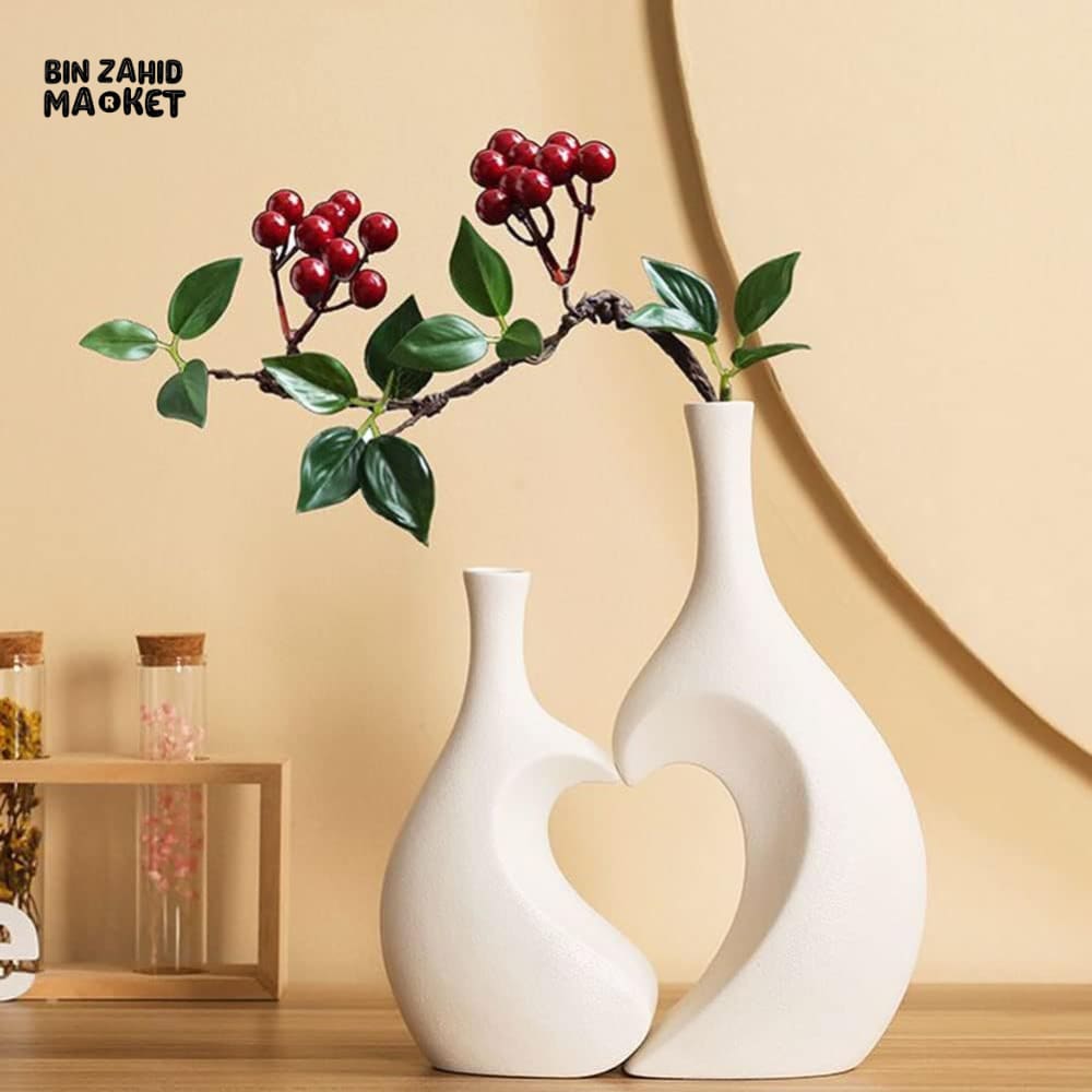 ROMANTIC HEART SHAPED CERAMIC VASE SET - LUXURY WHITE DECOR COUPLE FIGURINE