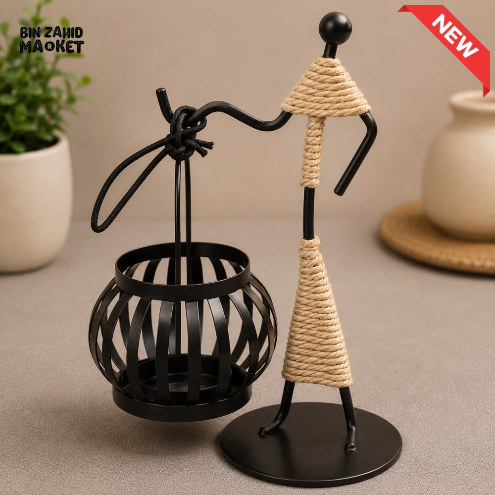 ROPE WRAPPED METAL FIGURINE WITH HANGING CANDLE HOLDER