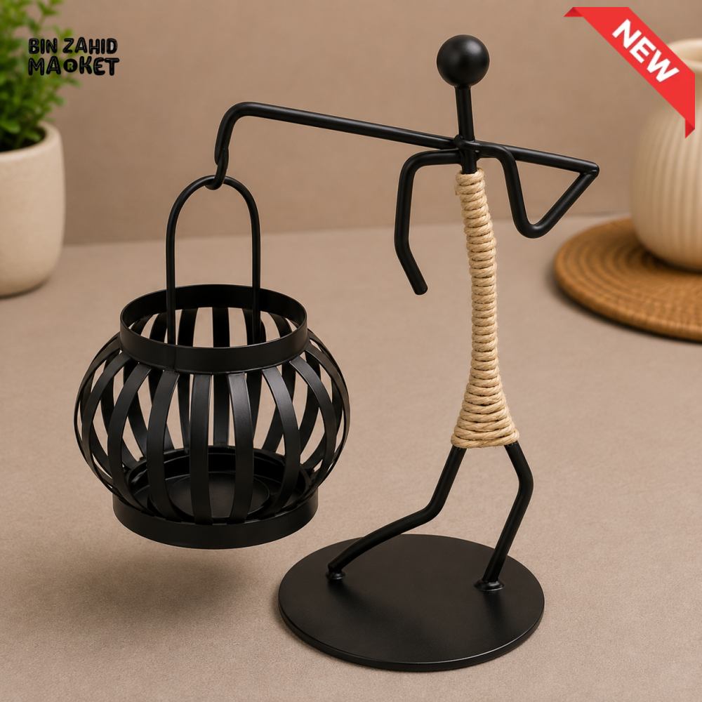 ROPE WRAPPED METAL FIGURINE WITH HANGING CANDLE HOLDER