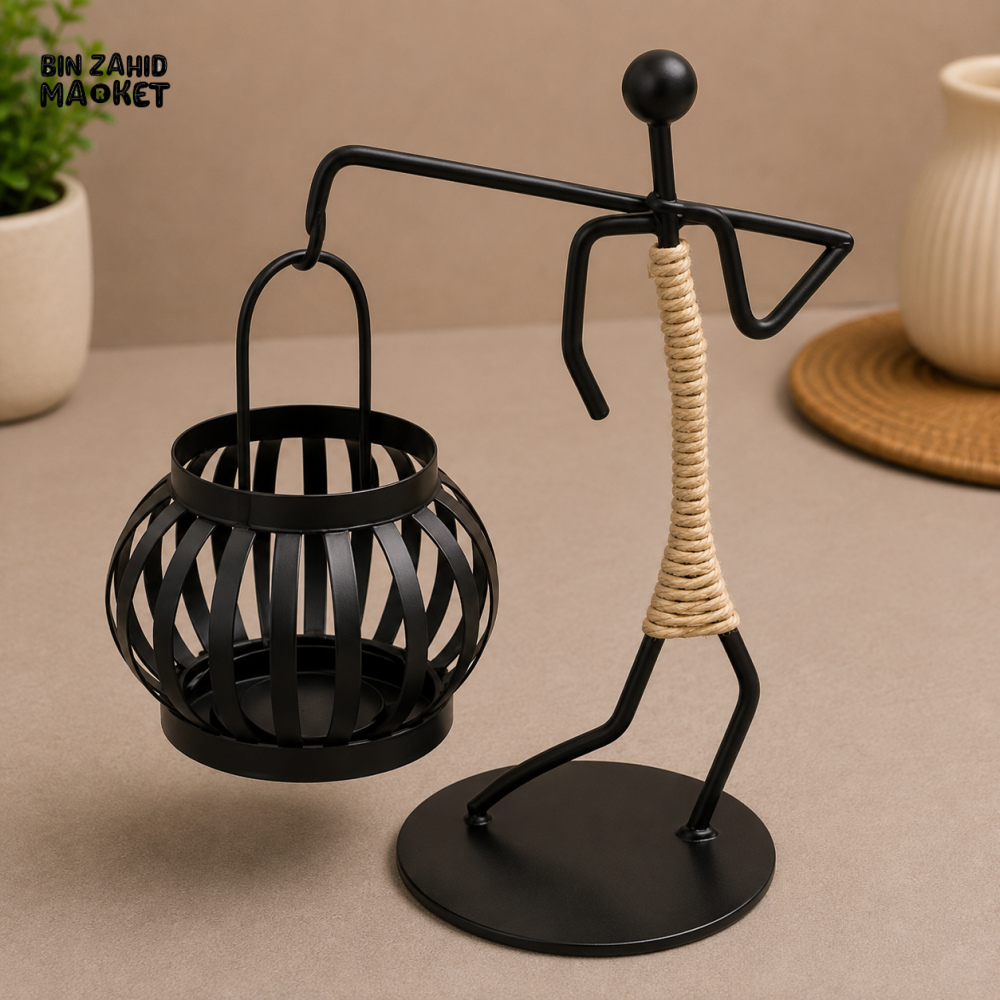 ROPE WRAPPED METAL FIGURINE WITH HANGING CANDLE HOLDER