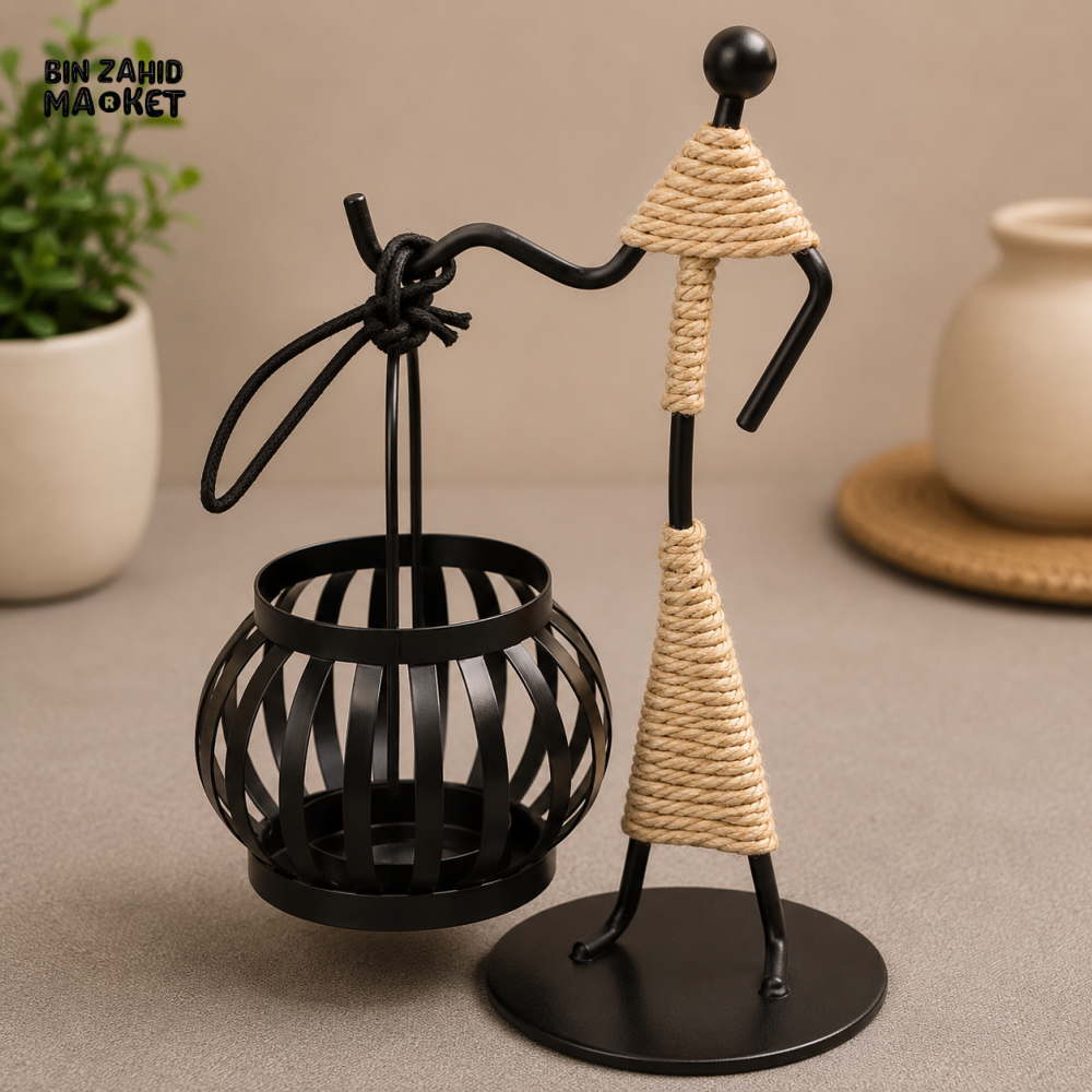 ROPE WRAPPED METAL FIGURINE WITH HANGING CANDLE HOLDER