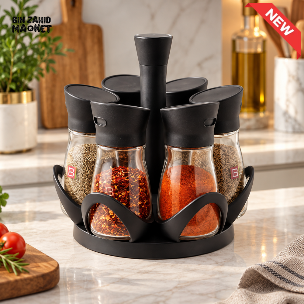 ROTATING 6-PIECE GLASS SPICE JAR SET WITH BLACK STAND