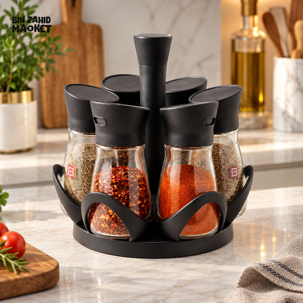 ROTATING 6-PIECE GLASS SPICE JAR SET WITH BLACK STAND