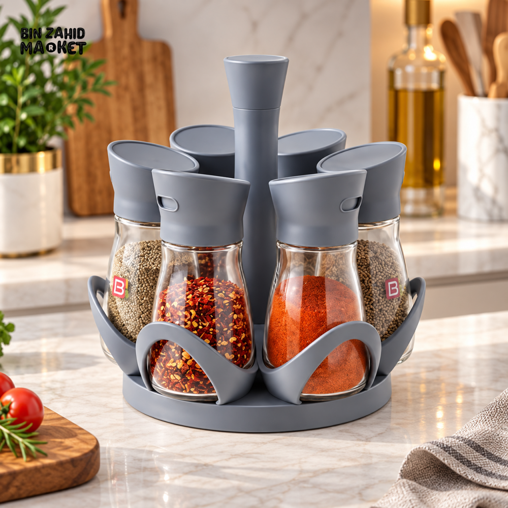 ROTATING 6-PIECE GLASS SPICE JAR SET WITH GREY STAND