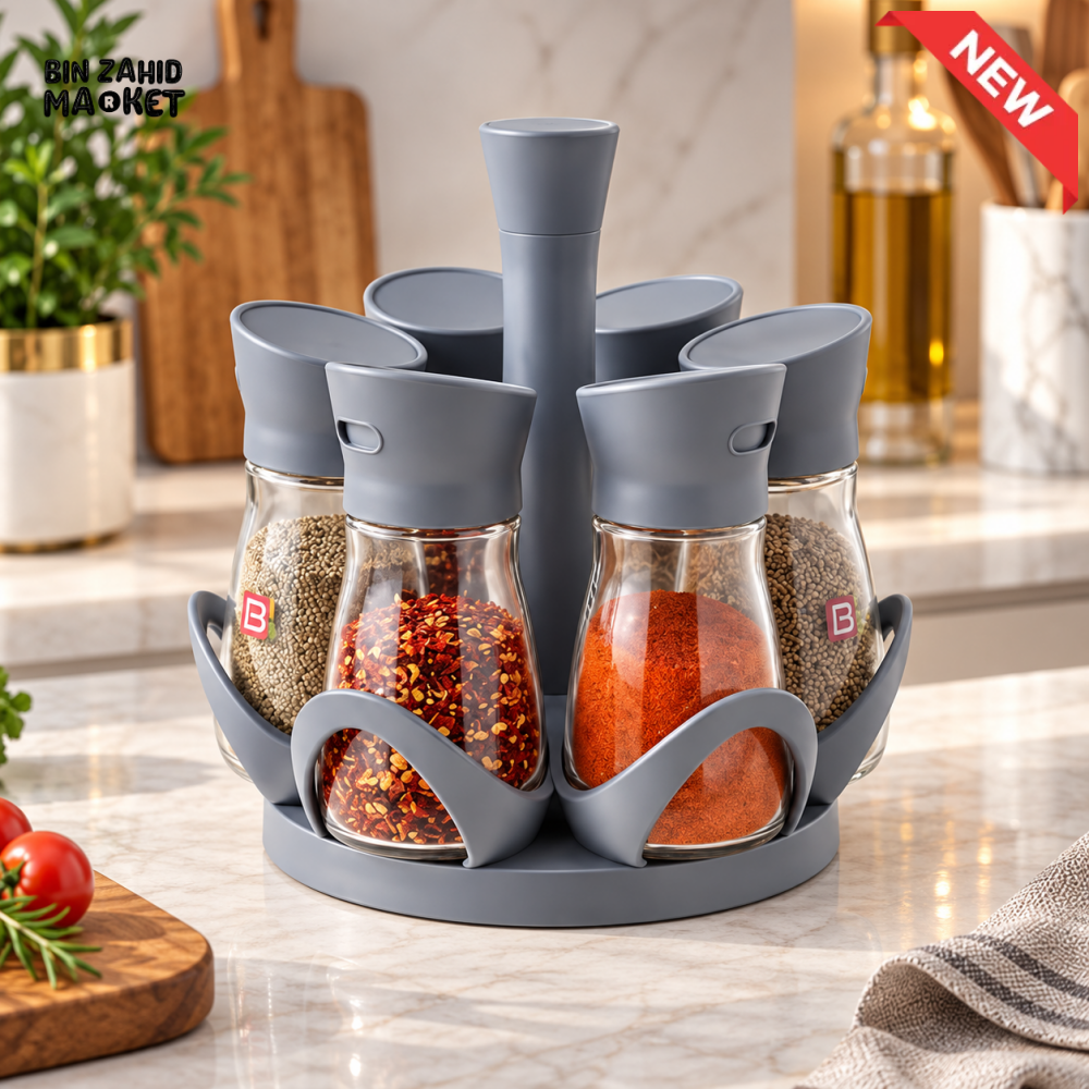 ROTATING 6-PIECE GLASS SPICE JAR SET WITH GREY STAND