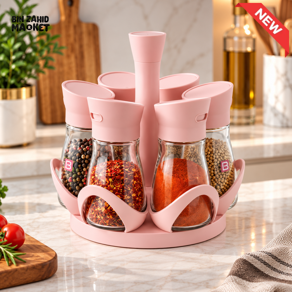 ROTATING 6-PIECE GLASS SPICE JAR SET WITH PINK STAND
