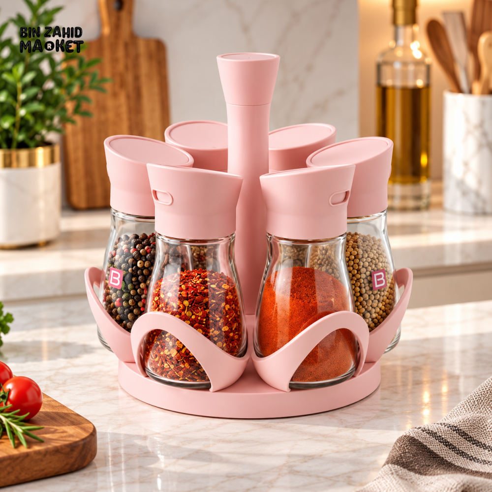 ROTATING 6-PIECE GLASS SPICE JAR SET WITH PINK STAND
