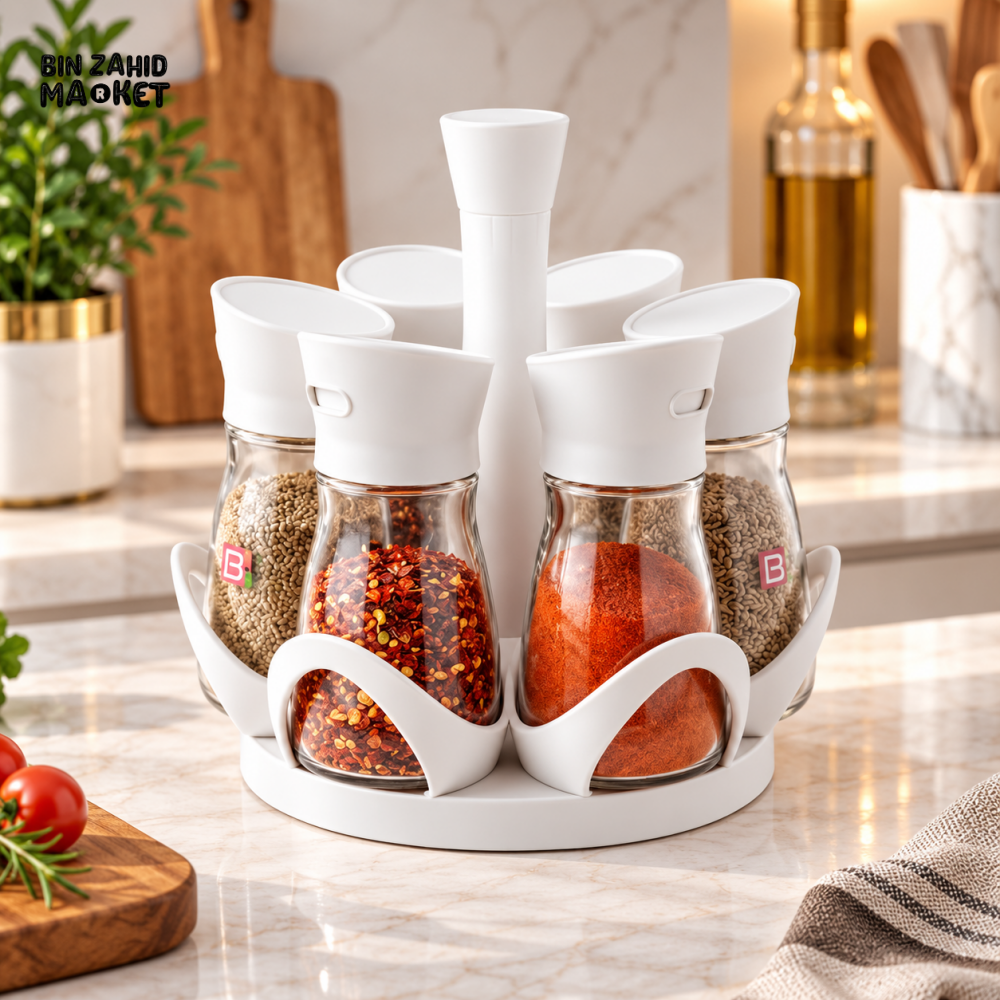 ROTATING 6-PIECE WHITE GLASS SPICE JAR SET WITH WHITE STAND