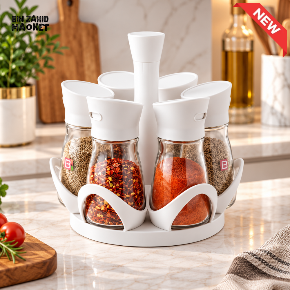 ROTATING 6-PIECE WHITE GLASS SPICE JAR SET WITH WHITE STAND