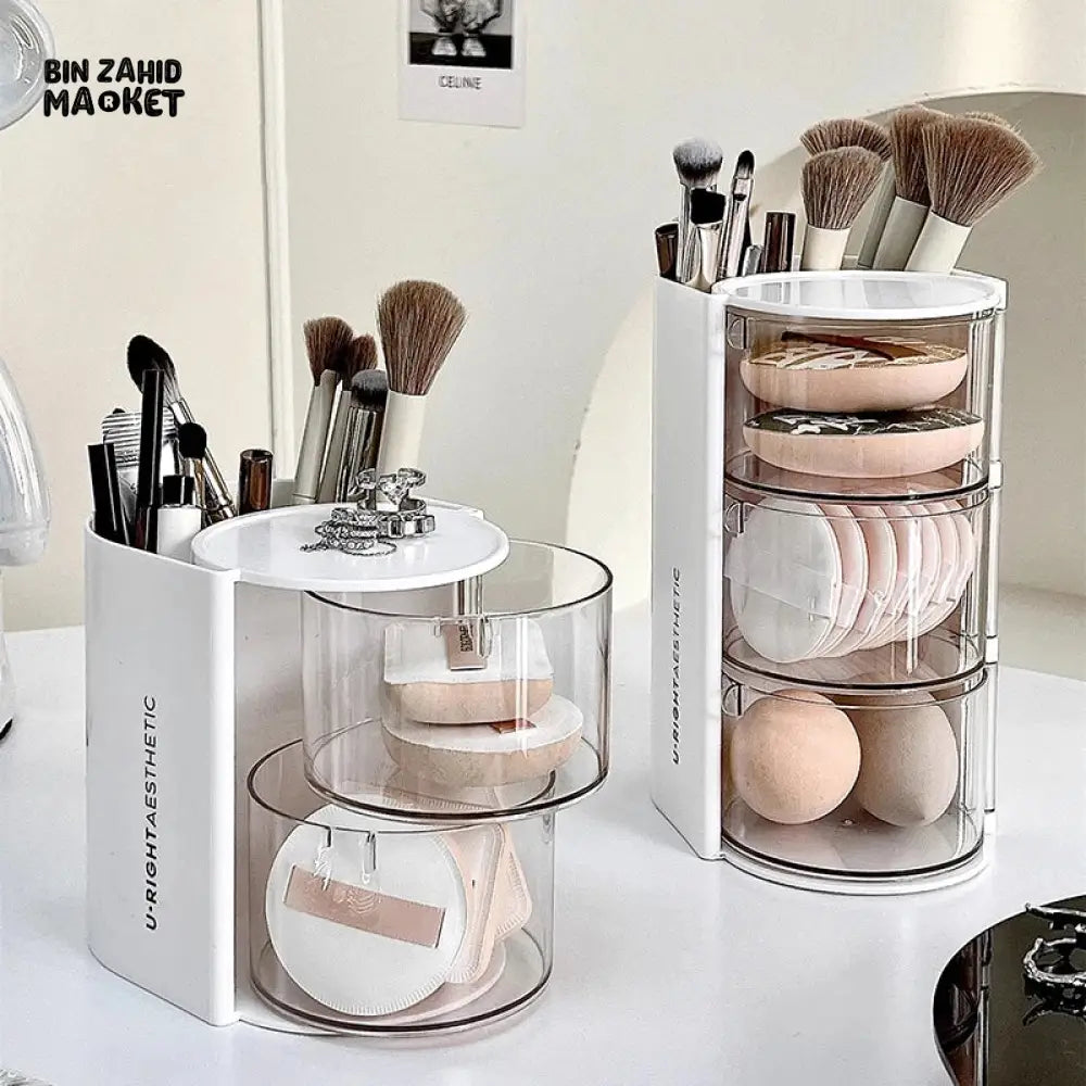 ROTATING COSMETIC STORAGE BOX 3-PARTITION – DUSTPROOF MAKEUP ORGANIZER FOR PUFFS BRUSHES & COTTON PADS