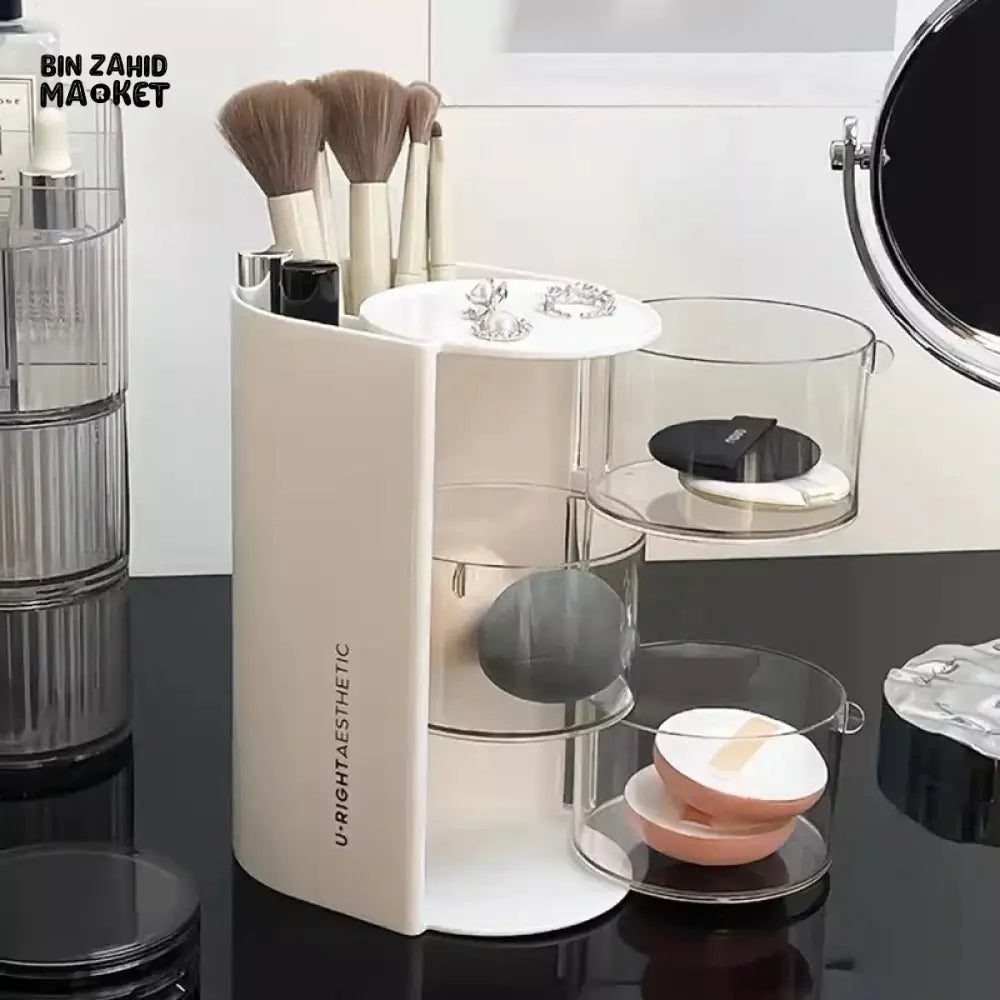 ROTATING COSMETIC STORAGE BOX 3-PARTITION – DUSTPROOF MAKEUP ORGANIZER FOR PUFFS BRUSHES & COTTON PADS