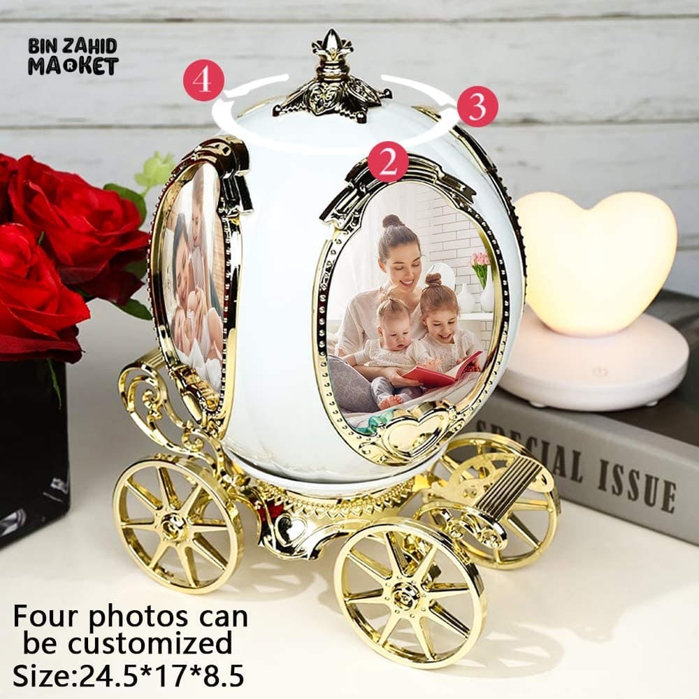 ROTATING DECORATIVE PHOTO FRAME WITH PUMPKIN CAR MUSIC BOX – CUSTOM 4-PHOTO PERSONALIZED DESK FRAME