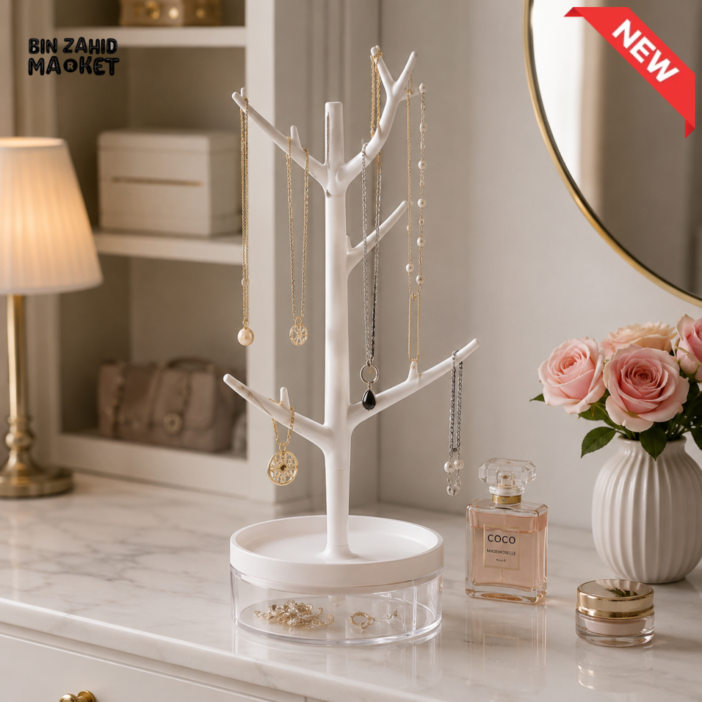 ROTATING JEWELRY TREE STAND WITH STORAGE TRAY