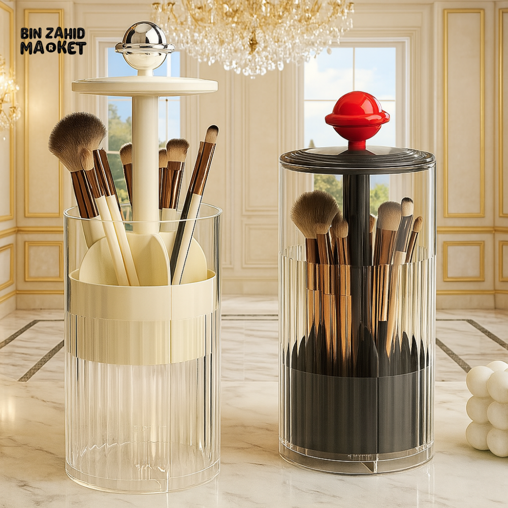 ROTATING MAKEUP BRUSH HOLDER – LUXURY CYLINDRICAL ORGANIZER FOR VANITY DISPLAY