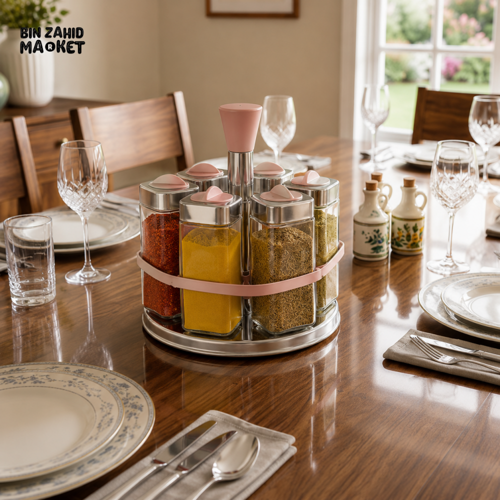 ROTATING SPICE JAR CAROUSEL SET WITH STAINLESS STEEL RACK