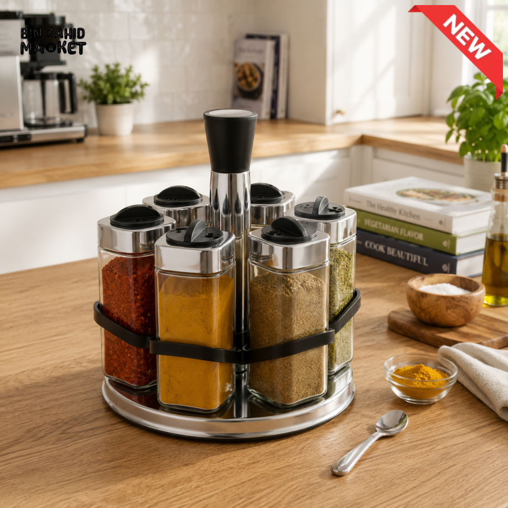 ROTATING SPICE JAR CAROUSEL SET WITH STAINLESS STEEL RACK