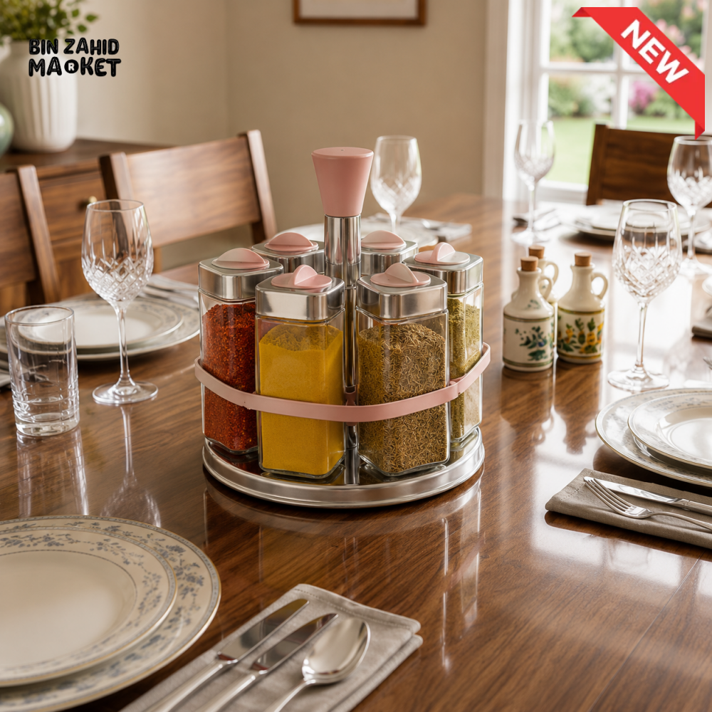 ROTATING SPICE JAR CAROUSEL SET WITH STAINLESS STEEL RACK