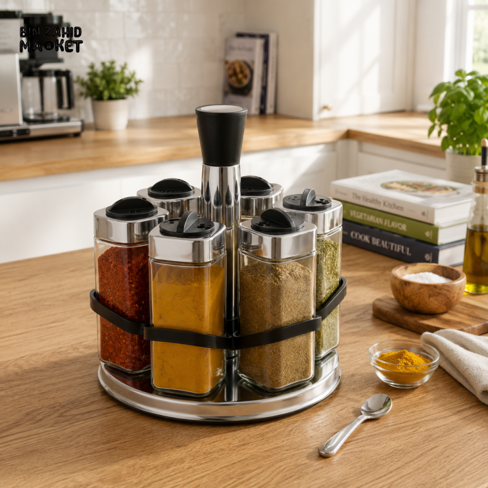 ROTATING SPICE JAR CAROUSEL SET WITH STAINLESS STEEL RACK