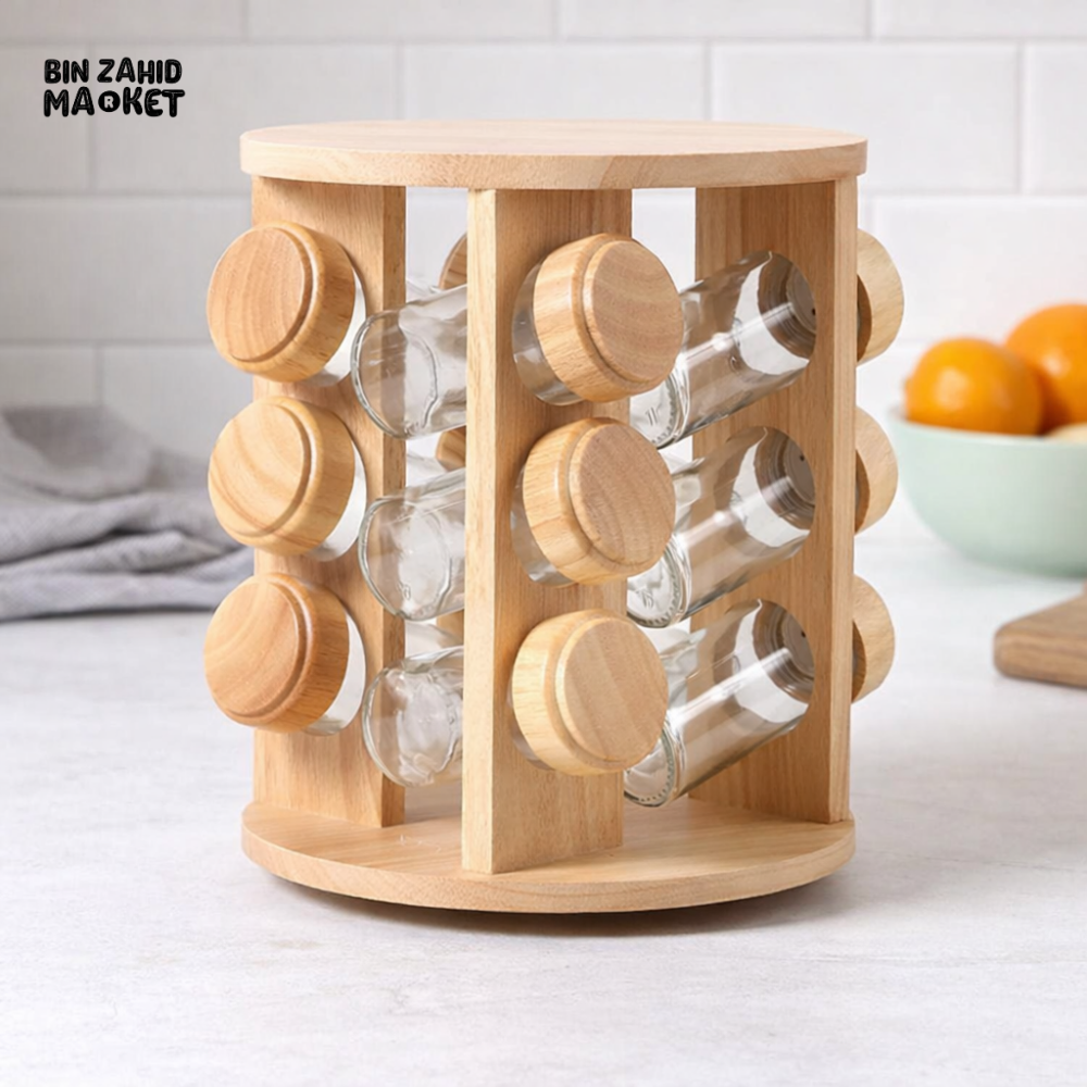 ROTATING WOODEN SPICE JAR RACK WITH 12 GLASS CONTAINERS – DESKTOP KITCHEN ORGANIZER