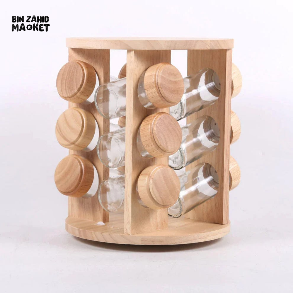 ROTATING WOODEN SPICE JAR RACK WITH 12 GLASS CONTAINERS – DESKTOP KITCHEN ORGANIZER