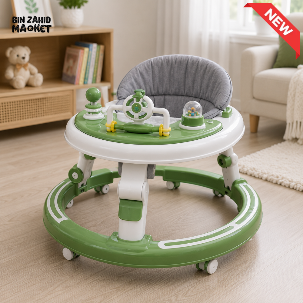 ROUND BABY WALKER WITH ACTIVITY TOYS - GREEN