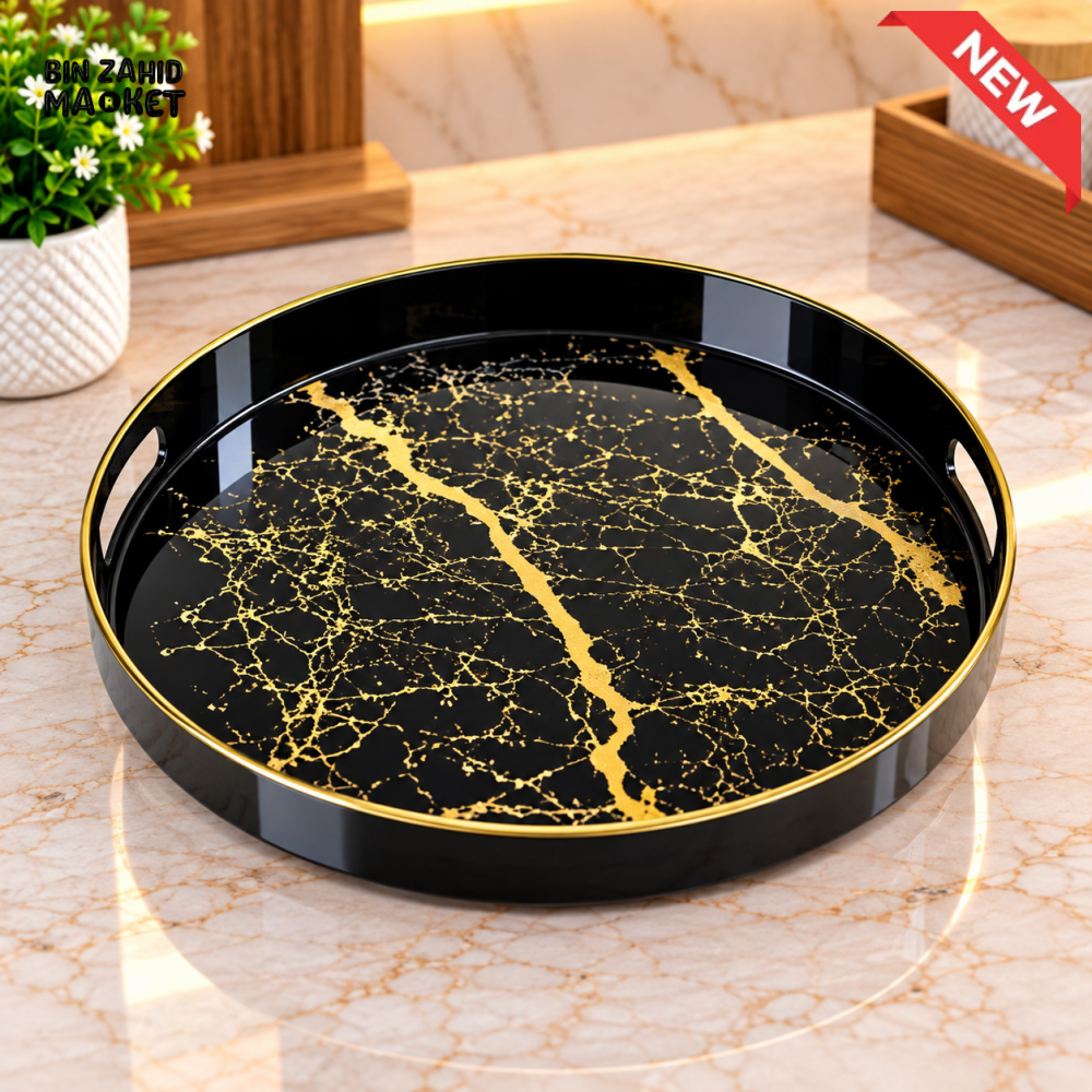ROUND BLACK MARBLE DESIGN SERVING TRAY WITH GOLD DETAILING - SMALL - Serving Trays