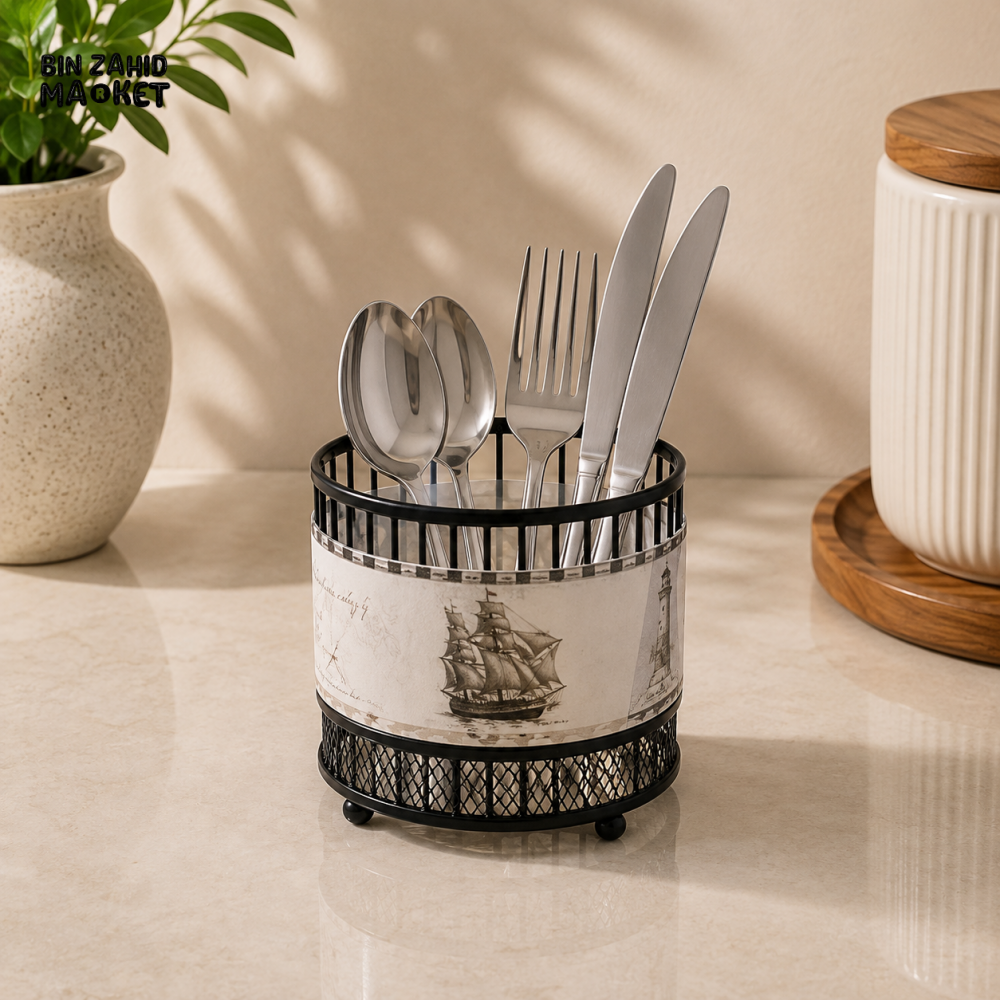 ROUND BLACK METAL SPOON AND CUTLERY HOLDER