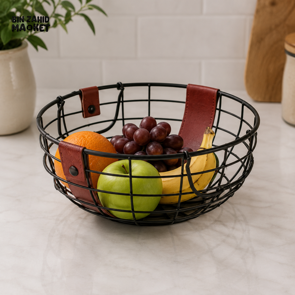 ROUND BLACK METAL WIRE FRUIT BASKET WITH DECORATIVE STRAPS