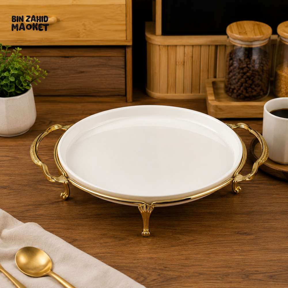 ROUND CERAMIC SERVING TRAY WITH GOLD HANDLES - Trays