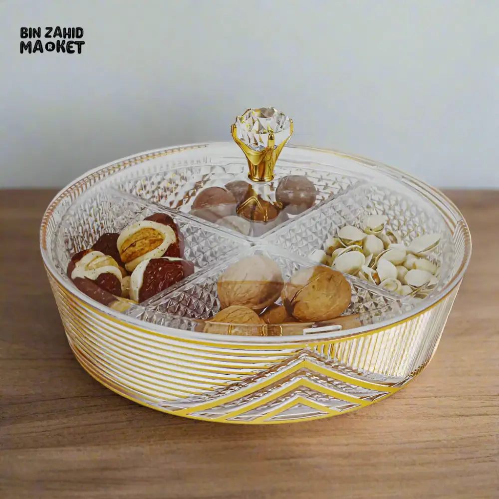 ROUND GILDED ACRYLIC TRAY 4-SECTION DIVIDER WITH CLEAR LID ELEGANT STORAGE & SERVING DISPLAY