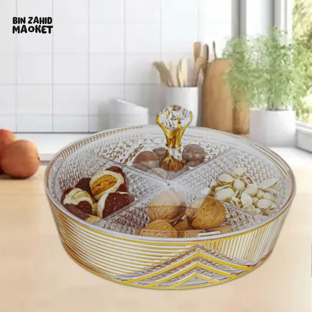 ROUND GILDED ACRYLIC TRAY 4-SECTION DIVIDER WITH CLEAR LID ELEGANT STORAGE & SERVING DISPLAY
