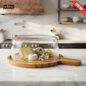 ROUND GLASS CHEESE DOME WITH BAMBOO SERVING BOARD - LARGE